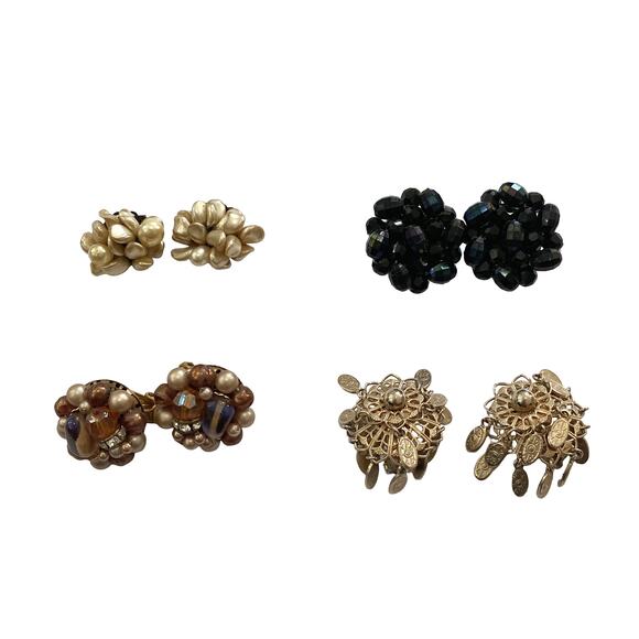4 pairs of vintage cluster clip-on earrings (Black, Gold, Cream, Rose Gold) - Picture 1 of 7